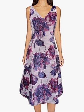 Adrianna Papell Purple Sleeveless V-Neck Floral A-Line Dress